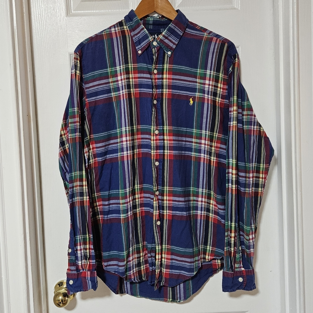 Ralph Lauren Mens Shirt Button Down Long Sleeve Blue Red Plaid Custom Fit Size L